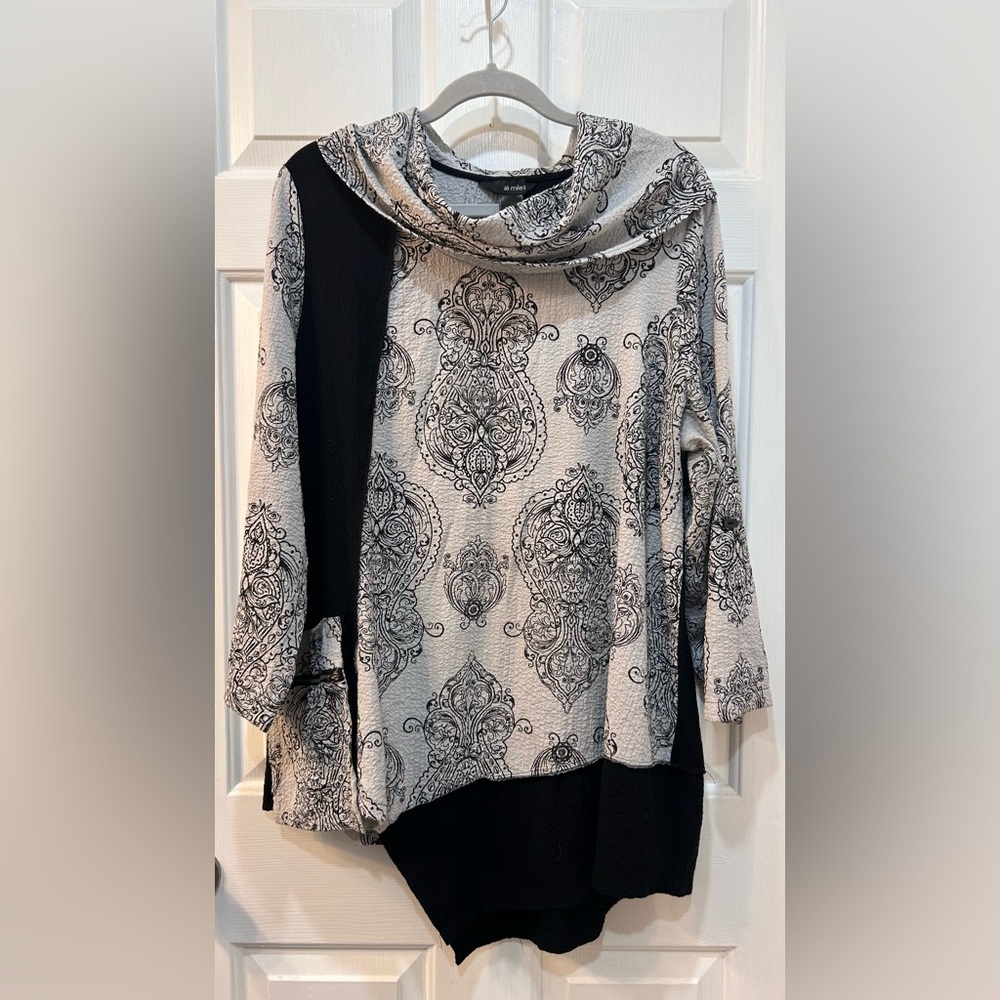 Ali Miles Textured Black White Cowl Neck Tunic Top Sz XL‎ 3/4 Sleeved Modern